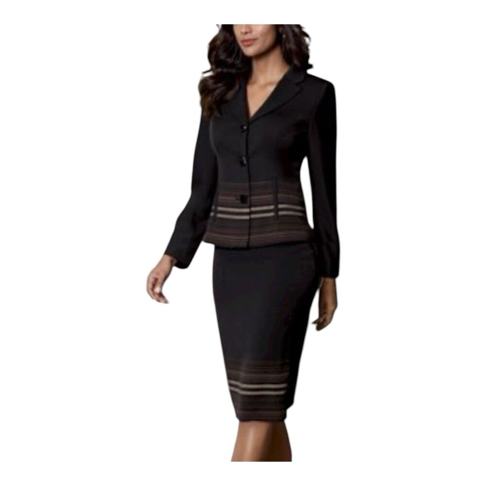 Monroe & Main Border Stripe Office Casual Black Knee Length Skirt Suit plus 16W
